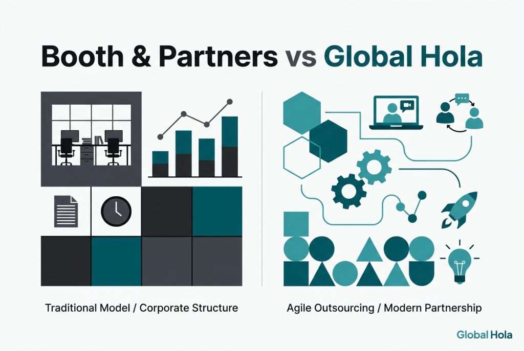 Split-screen blog cover graphic in Global Hola teal tones (#095e69 and #3b9aa2) with bold headline text reading Booth & Partners vs Global Hola, representing a comparison of two outsourcing companies